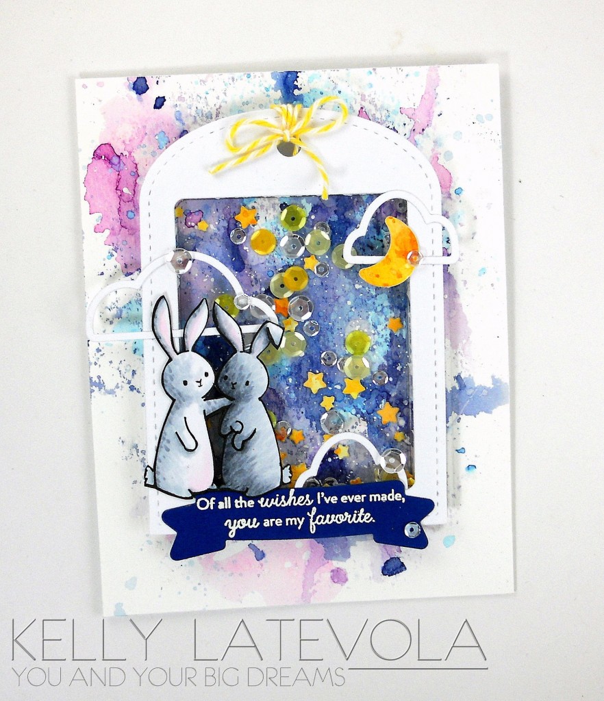 WPlus9 stamps & dies, Distress inks,  Pretty Pink Posh sequins, Copic markers  {Kelly Latevola for MarkerPOP!}
